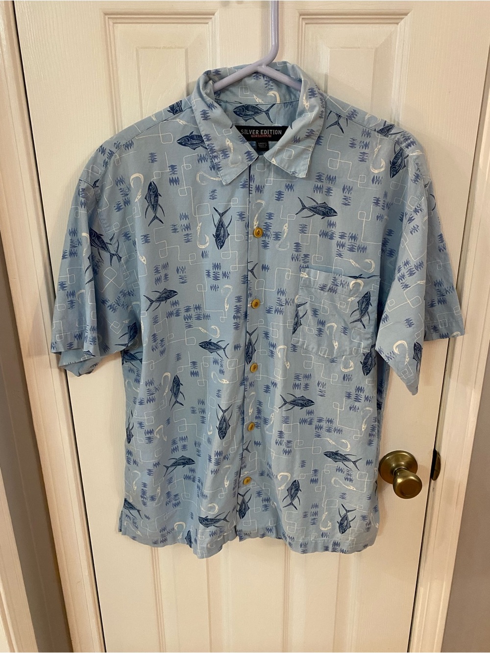 Vintage Quiksilver Silver Edition Tuna Fish Print Button Up Shirt Men's S Y2K